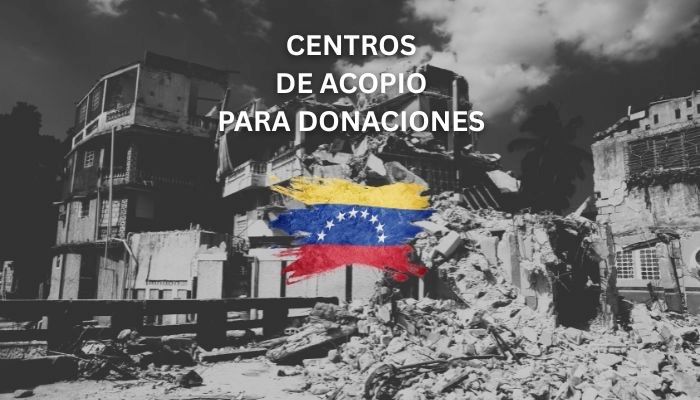 Rubble-strewn urban scene with Venezuelan flag, text reading "CENTROS DE ACOPIO PARA DONACIONES" (Donation Collection Centers)