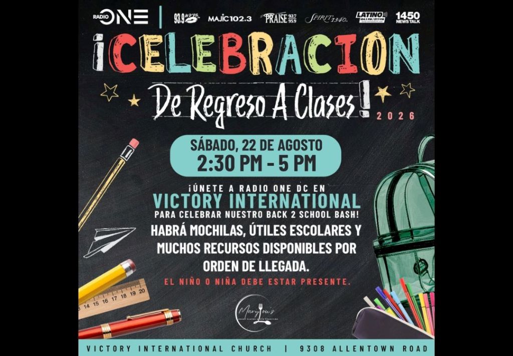 Colorful poster advertising "Celebracion de Regreso a Clases 2026" event on August 22 from 2:30-5pm at Victory International Church, featuring Radio One DC branding and school supplies.