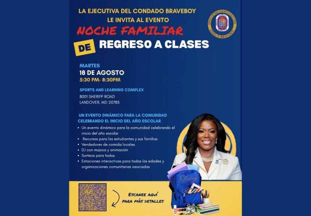 Flyer for a "Noche Familiar de Regreso a Clases" (Family Night for Back to School) event hosted by the Braveboy County Executive, featuring a smiling woman and details about the event activities.