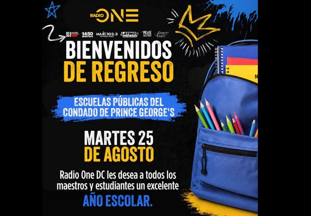 Back to school image with Radio One DC logo, "Bienvenidos de Regreso" text, and a backpack with school supplies.