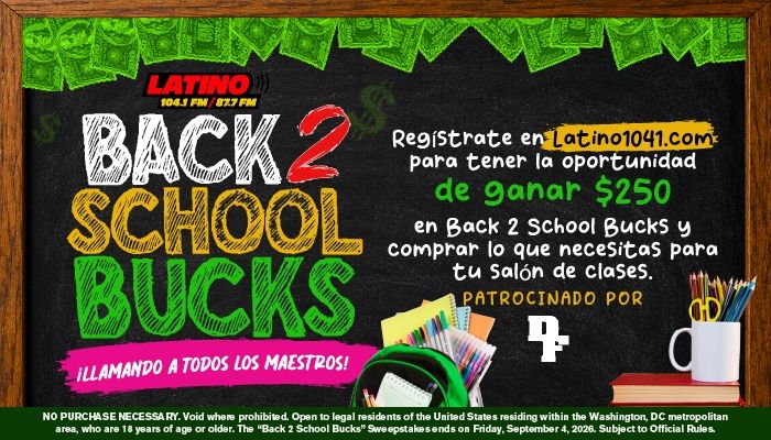 Back 2 School Bucks promotion for Latino radio station, featuring school supplies and opportunity to win $250.